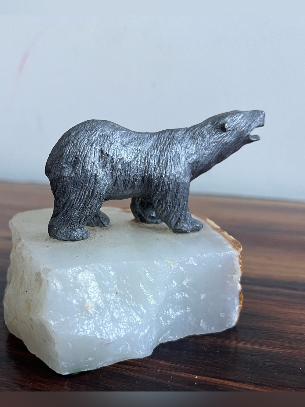 Vintage Canadian Art Handcrafted Silver Polar Bear Sculpture on White Stone Base